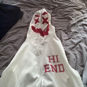 Full zip up hoodie with the colors of red and white and silver